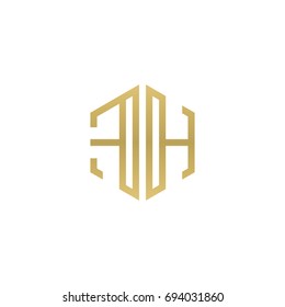 Initial letter FH, minimalist line art hexagon shape logo, gold color