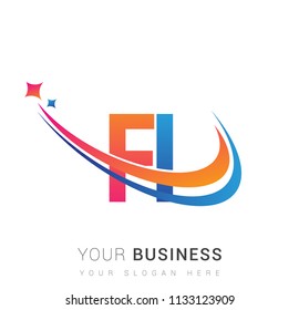 initial letter FI logotype company name colored orange, red and blue swoosh star design. vector logo for business and company identity.