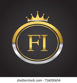 initial letter FI logotype company name with oval shape and crown, gold and silver color. vector logo for business and company identity.