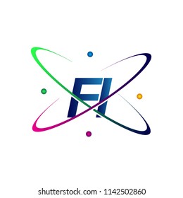 initial letter FI logotype science icon colored blue, red, green and yellow swoosh design. vector logo for business and company identity.
