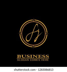Initial letter fj graphic logo template, on gold circle, isolated on black background.