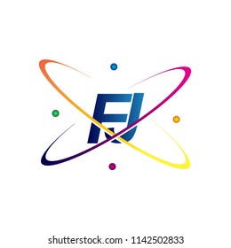 initial letter FJ logotype science icon colored blue, red, green and yellow swoosh design. vector logo for business and company identity.

