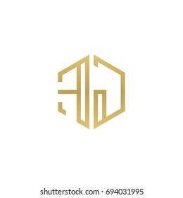 Initial letter FJ, minimalist line art hexagon shape logo, gold color
