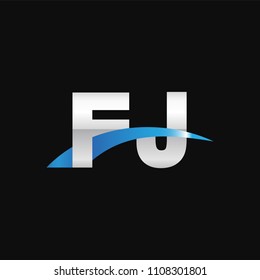 Initial letter FJ, overlapping movement swoosh logo, metal silver blue color on black background