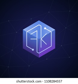 Initial letter FK, block chain, looping mono line circuit letter on hexagon cube logo, blue magenta gradient color on black blue network background