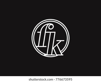 Initial letter fk lowercase outline inside the circle logo template white on black background