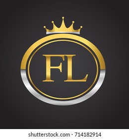 initial letter FL logotype company name with oval shape and crown, gold and silver color. vector logo for business and company identity.