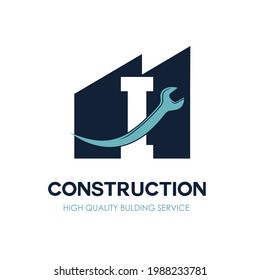 I Initial Letter for Flat Minimalist Modern Construction Logo Design. Simple renovation business logo with wrench equipment tool. Building repair and maintenance brand