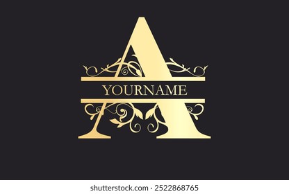 Initial A letter floral Split Letter Monogram,luxury Wedding invitation Monogram Design,gold color on black background