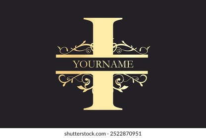 Initial I letter  floral Split Letter Monogram,luxury Wedding invitation Monogram Design,gold color on black background