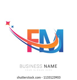 initial letter FM logotype company name colored orange, red and blue swoosh star design. vector logo for business and company identity.