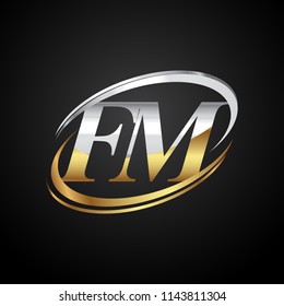 initial letter FM logotype company name colored gold and silver swoosh design. isolated on black background.