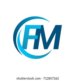 initial letter FM logotype company name blue circle and swoosh design. vector logo for business and company identity.