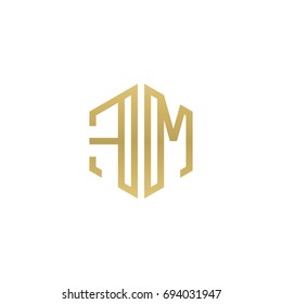 Initial letter FM, minimalist line art hexagon shape logo, gold color