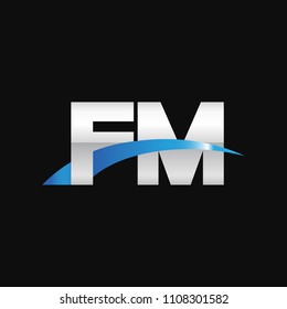 Initial letter FM, overlapping movement swoosh logo, metal silver blue color on black background