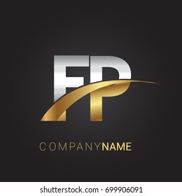 initial letter FP logotype company name colored gold and silver swoosh design. isolated on black background.