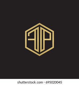 Initial letter FP, minimalist line art hexagon logo, gold color on black background