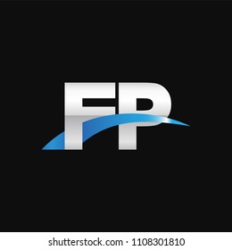 Initial letter FP, overlapping movement swoosh logo, metal silver blue color on black background