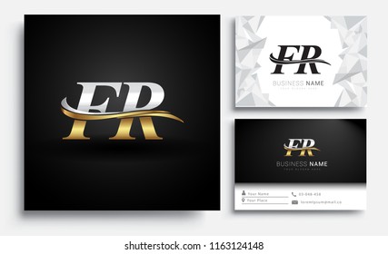 initial letter FR logotype company name colored gold and silver swoosh design. Vector sets for business identity on white background.