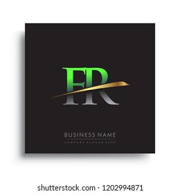 initial letter FR logotype company name colored green and gold swoosh design. vector logo for business and company