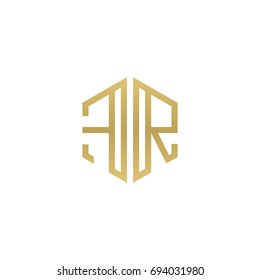 Initial letter FR, minimalist line art hexagon shape logo, gold color