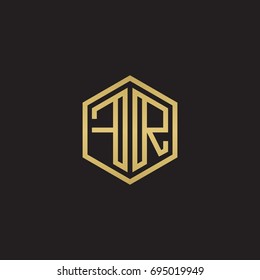 Initial letter FR, minimalist line art hexagon logo, gold color on black background