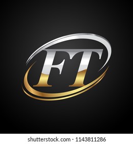 initial letter FT logotype company name colored gold and silver swoosh design. isolated on black background.