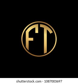 Initial letter FT, minimalist art monogram circle shape logo, gold color on black background