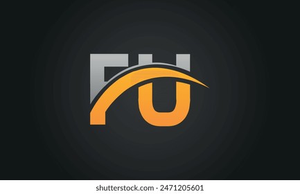 Letra inicial FU Logo Design con Swoosh. Diseño creativo y moderno del logotipo de la FU sobre fondo negro.