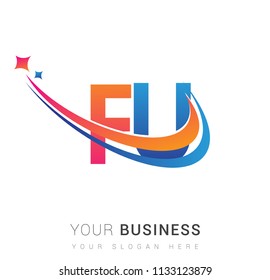 initial letter FU logotype company name colored orange, red and blue swoosh star design. vector logo for business and company identity.