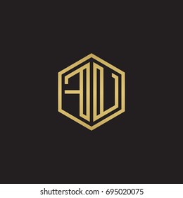 Initial letter FU, minimalist line art hexagon logo, gold color on black background