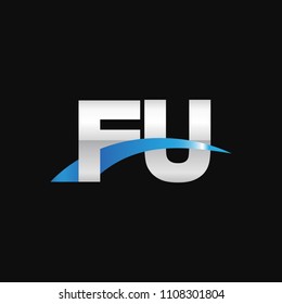 Initial letter FU, overlapping movement swoosh logo, metal silver blue color on black background
