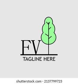 Letra inicial FV con el logo del árbol verde. Mínimo, sencillo y único.