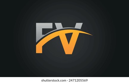 Initial Letter FV Logo Design mit Swoosh. Kreatives und modernes FV-Logo-Design auf schwarzem Hintergrund.
