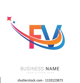 initial letter FV logotype company name colored orange, red and blue swoosh star design. vector logo for business and company identity.