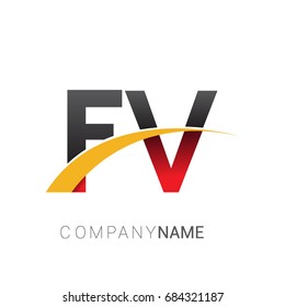 initial letter FV logotype company name colored red, black and yellow swoosh design. isolated on white background.
