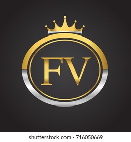 initial letter FV logotype company name with oval shape and crown, gold and silver color. vector logo for business and company identity.