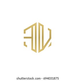 Initial letter FV, minimalist line art hexagon shape logo, gold color