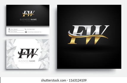 initial letter FW logotype company name colored gold and silver swoosh design. Vector sets for business identity on white background.