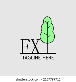 Letra inicial FX con el logo del árbol verde. Mínimo, sencillo y único.