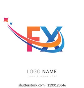 initial letter FX logotype company name colored orange, red and blue swoosh star design. vector logo for business and company identity.