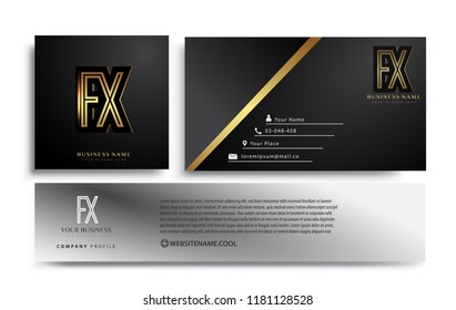 initial letter FX logotype company name colored gold elegant design. Vector sets for business identity on black background.
