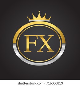 initial letter FX logotype company name with oval shape and crown, gold and silver color. vector logo for business and company identity.