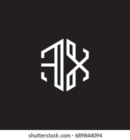 Initial letter FX, minimalist line art monogram hexagon shape logo, white color on black background