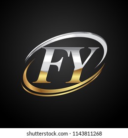 initial letter FY logotype company name colored gold and silver swoosh design. isolated on black background.
