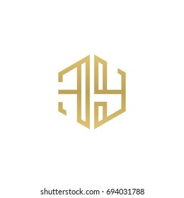Initial letter FY, minimalist line art hexagon shape logo, gold color
