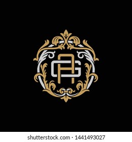 Initial letter G and A, GA, AG, decorative ornament emblem badge, overlapping monogram logo, elegant luxury silver gold color on black background