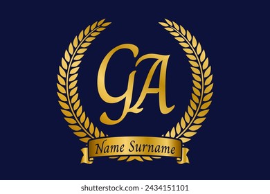 Letra inicial G y A, diseño del logotipo del monograma de GA con corona de laurel. Emblema dorado de lujo con fuente caligráfica.