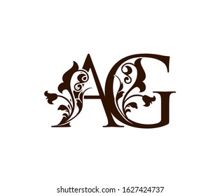 Initial letter A and G, AG brown vintage decorative ornament emblem badge, overlapping monogram logo, classy letter logo icon.