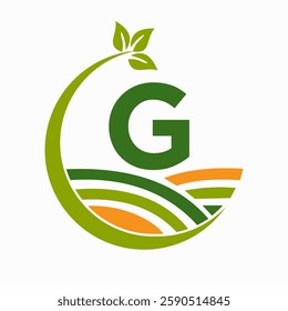 Initial Letter G Agriculture And Farming Logo Combine With Field and Leaf Symbol